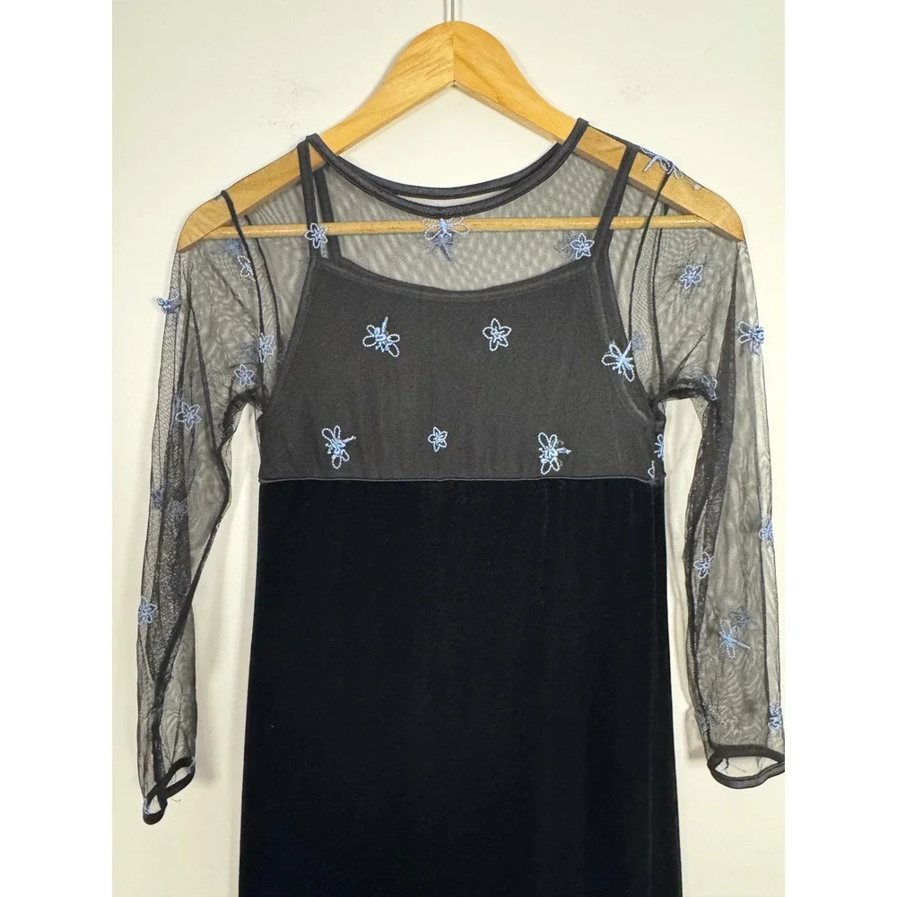 Dragonfly American Girl Kids Size 12 Maxi Dress Black Velvet Mesh Blue Floral‎